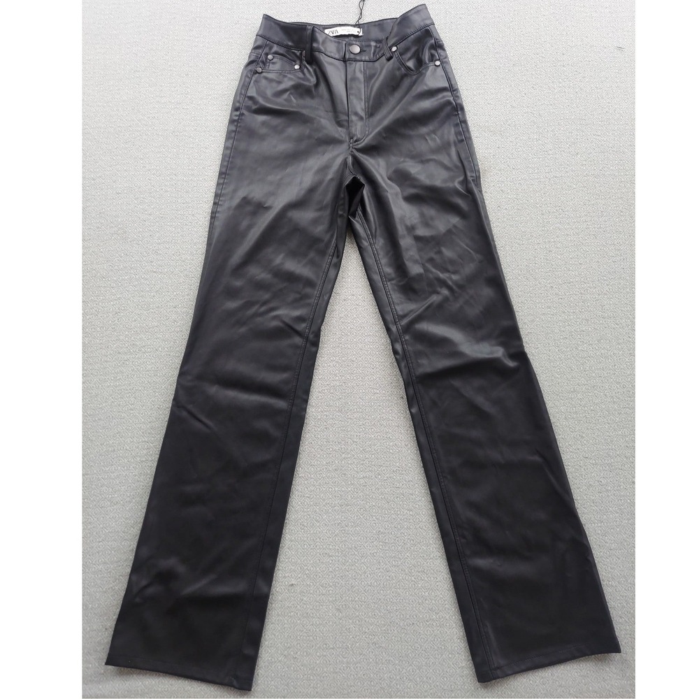 Zara Pants Women Size 2 Black Faux Leather Straight Leg High Rise Five Pocket
